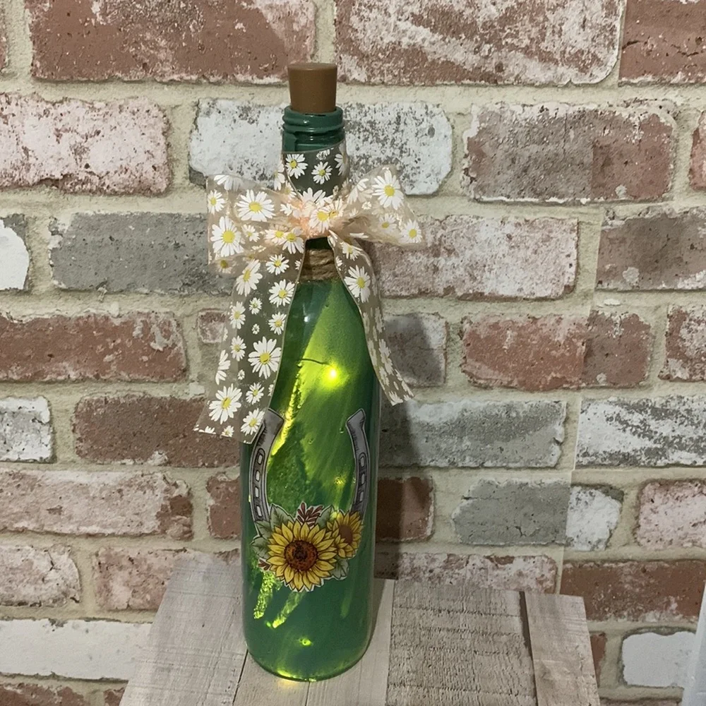 Hand Crafted - Painted Green Wine Bottle Lantern with Sunflower Design